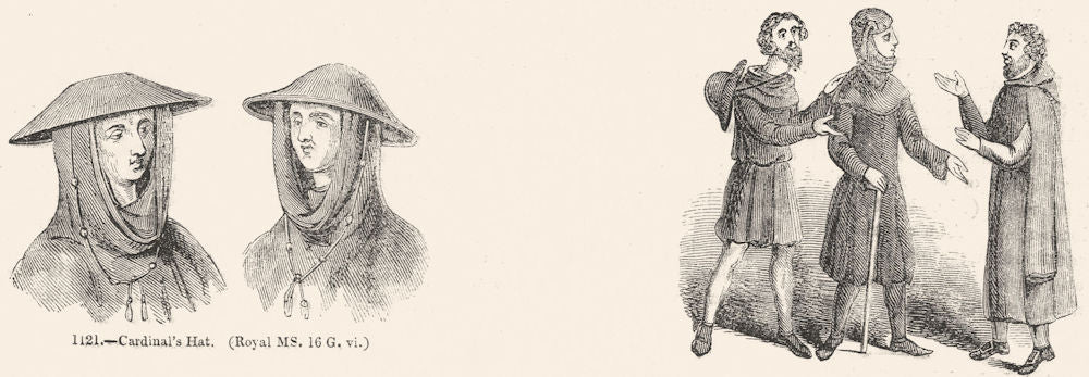 CLERGY. Cardinal's Hat; Male costume, Edward IIs time 1845 old antique print